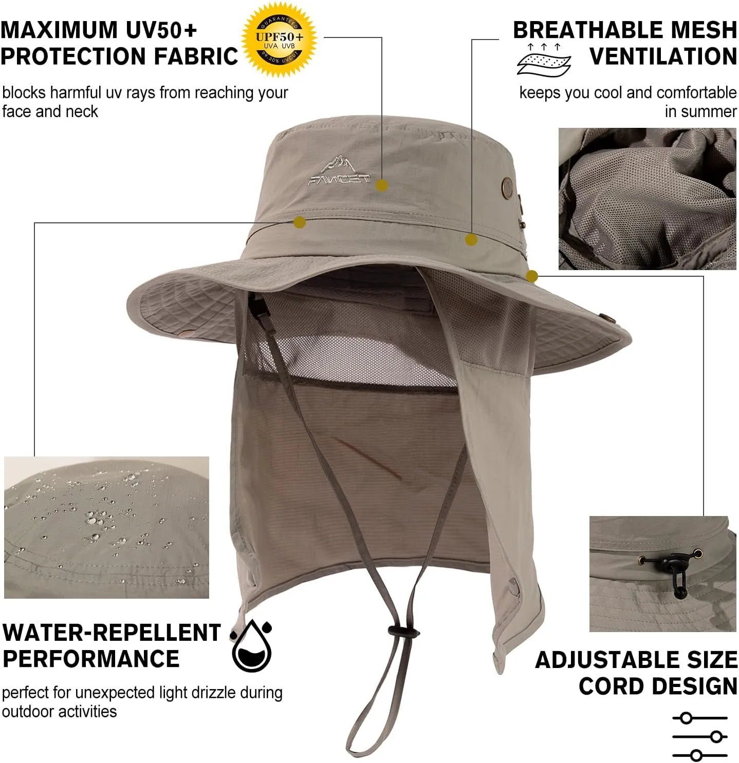 Comhats Oversized XL XXL Waterproof UPF50  Neck Flap Protection Cover Wide Brim Golf Packable Sun Hats for Men