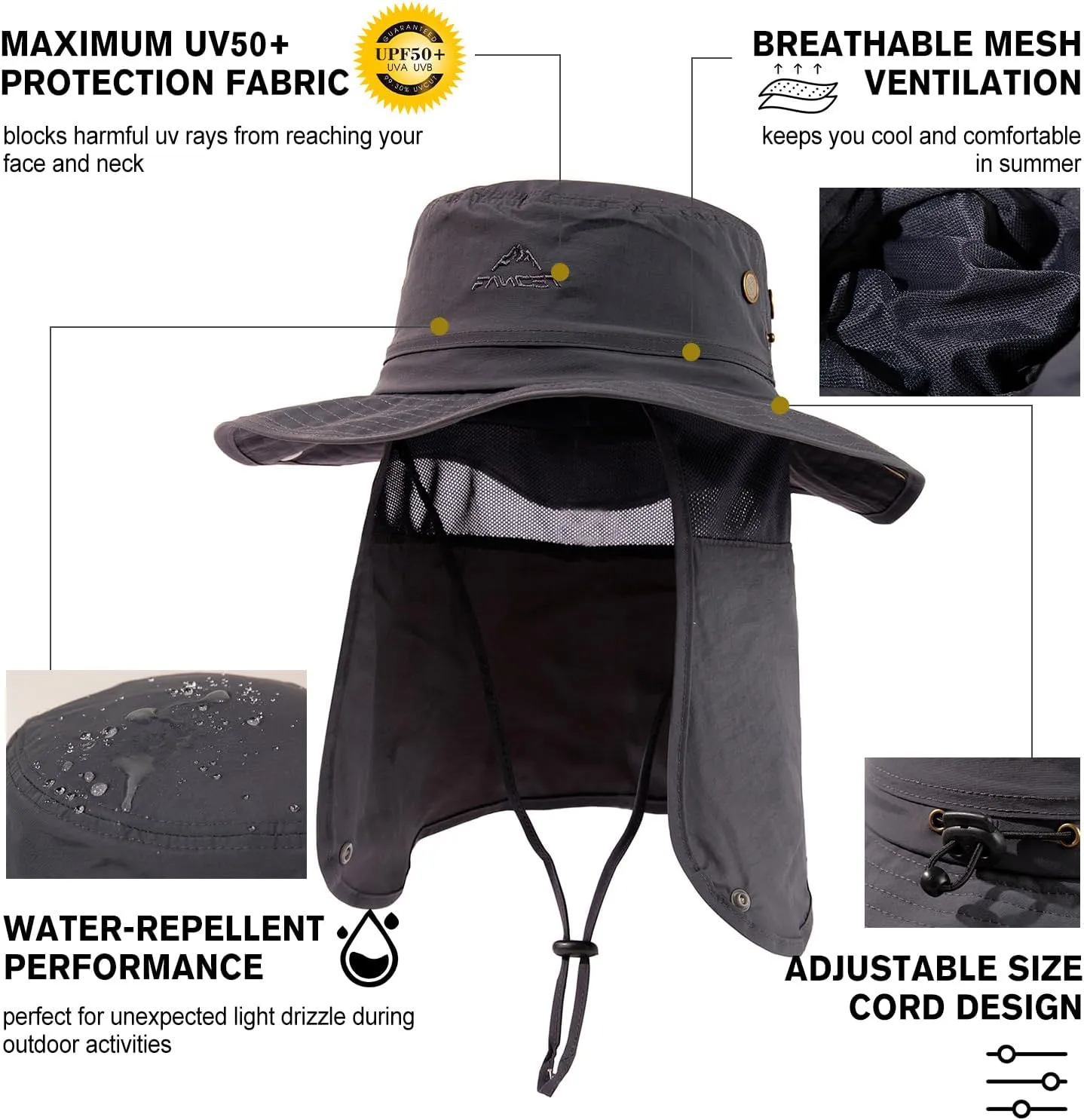 Comhats Oversized XL XXL Waterproof UPF50  Neck Flap Protection Cover Wide Brim Golf Packable Sun Hats for Men