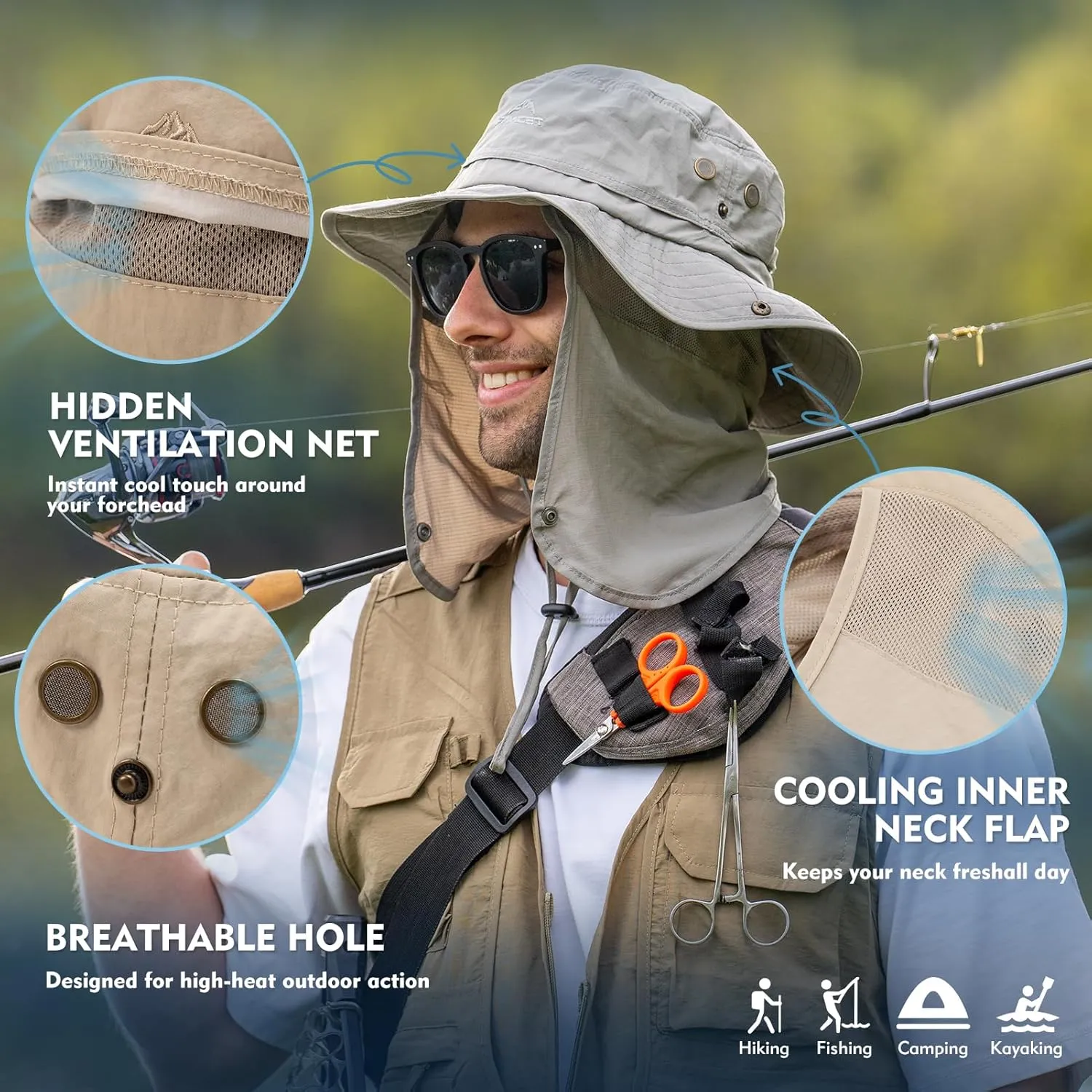 Comhats Oversized XL XXL Waterproof UPF50  Neck Flap Protection Cover Wide Brim Golf Packable Sun Hats for Men