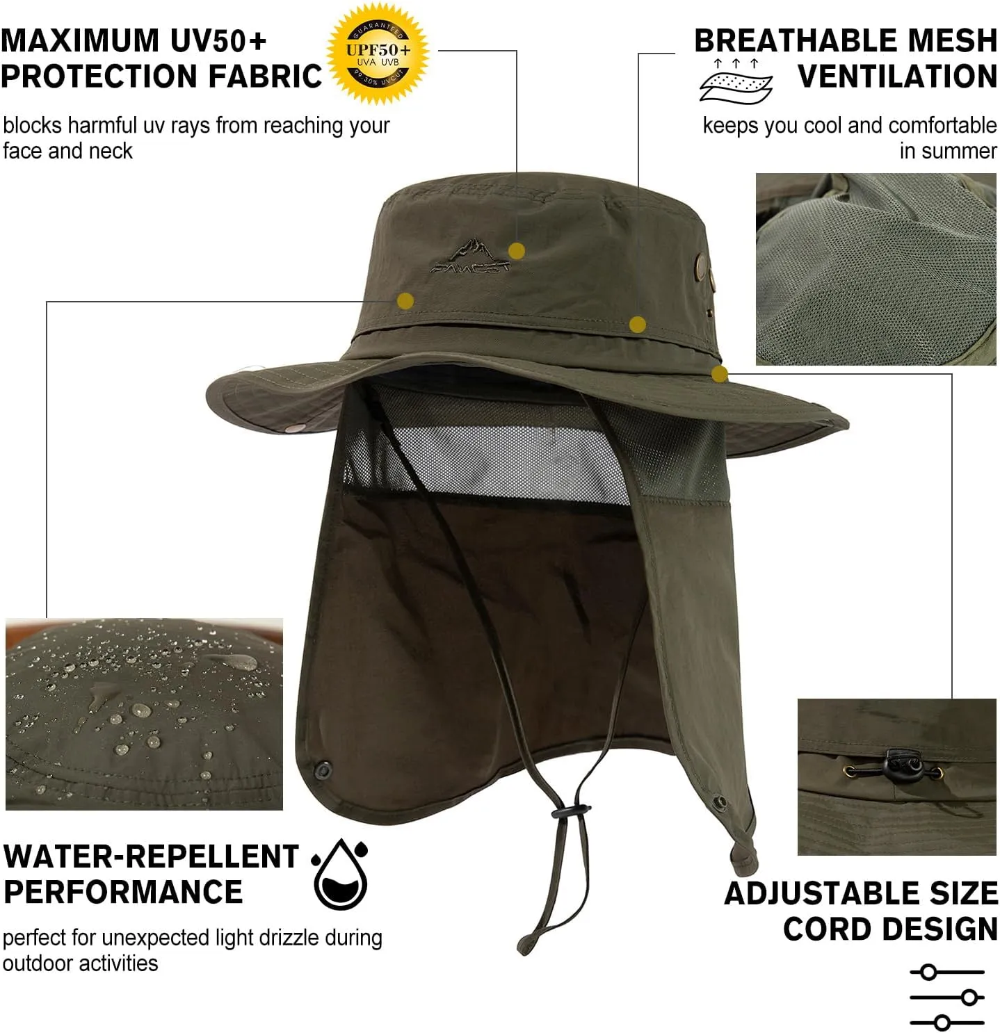 Comhats Oversized XL XXL Waterproof UPF50  Neck Flap Protection Cover Wide Brim Golf Packable Sun Hats for Men
