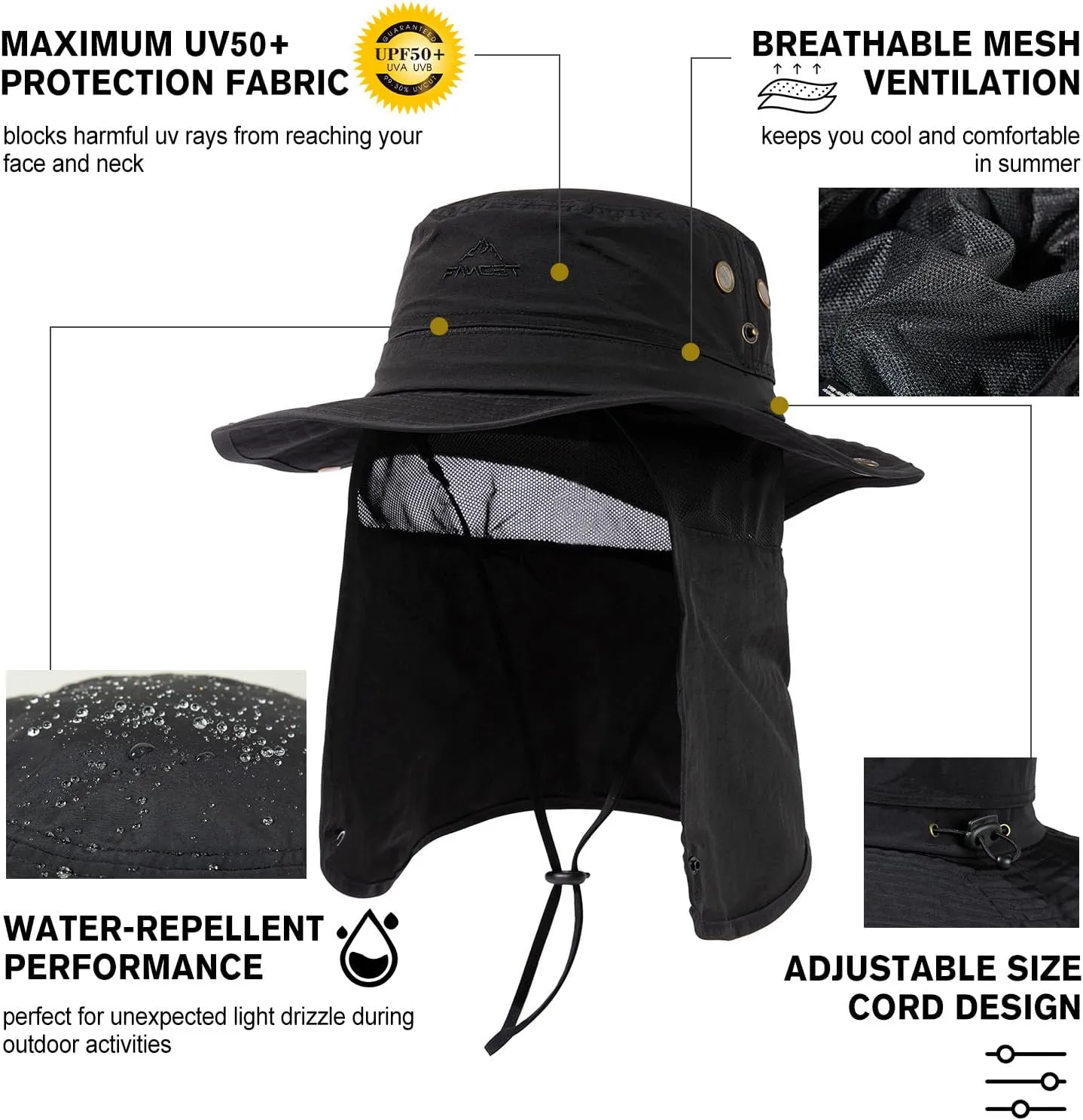 Comhats Oversized XL XXL Waterproof UPF50  Neck Flap Protection Cover Wide Brim Golf Packable Sun Hats for Men