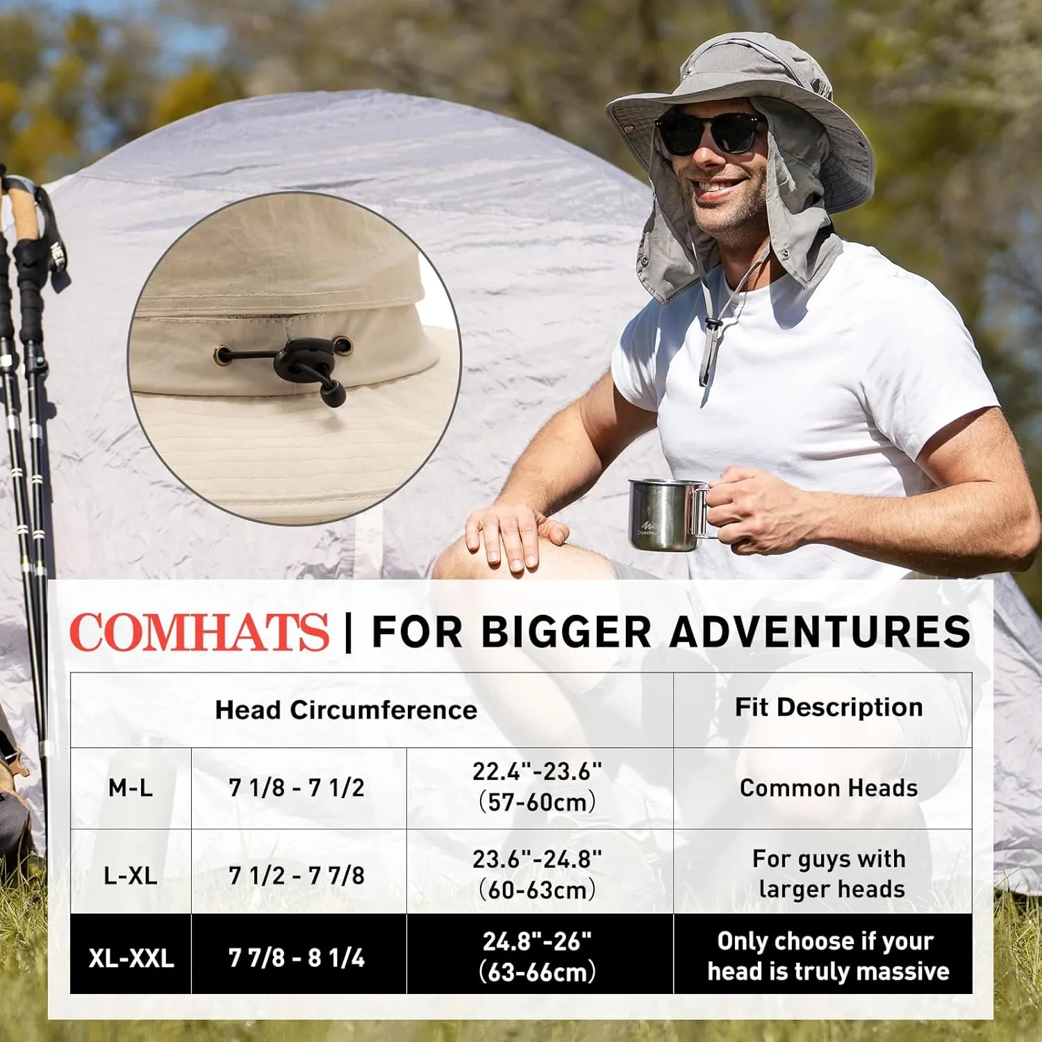 Comhats Oversized XL XXL Waterproof UPF50  Neck Flap Protection Cover Wide Brim Golf Packable Sun Hats for Men