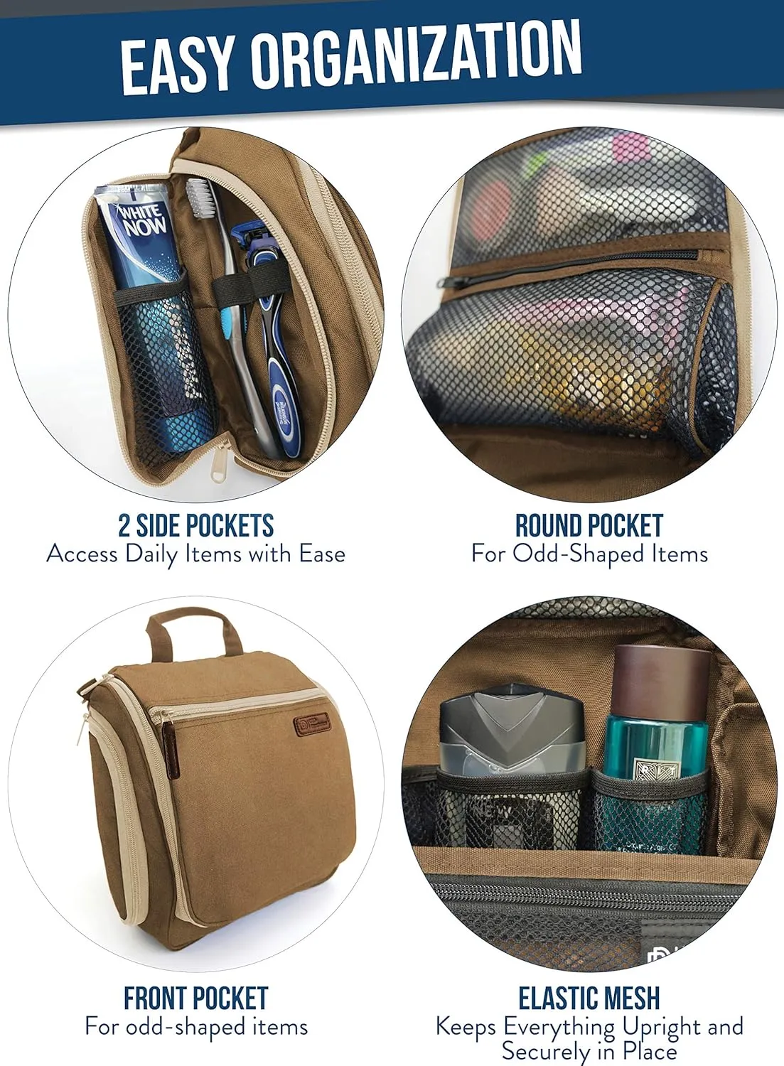 D&D Hanging Travel Toiletry Bag for Men and Women ?C Large Cosmetics, Makeup and Toiletries Organizer Kit with 10 Compartments, YKK Zippers, XXL Metal Swivel Hook, Water-Resistant Nylon