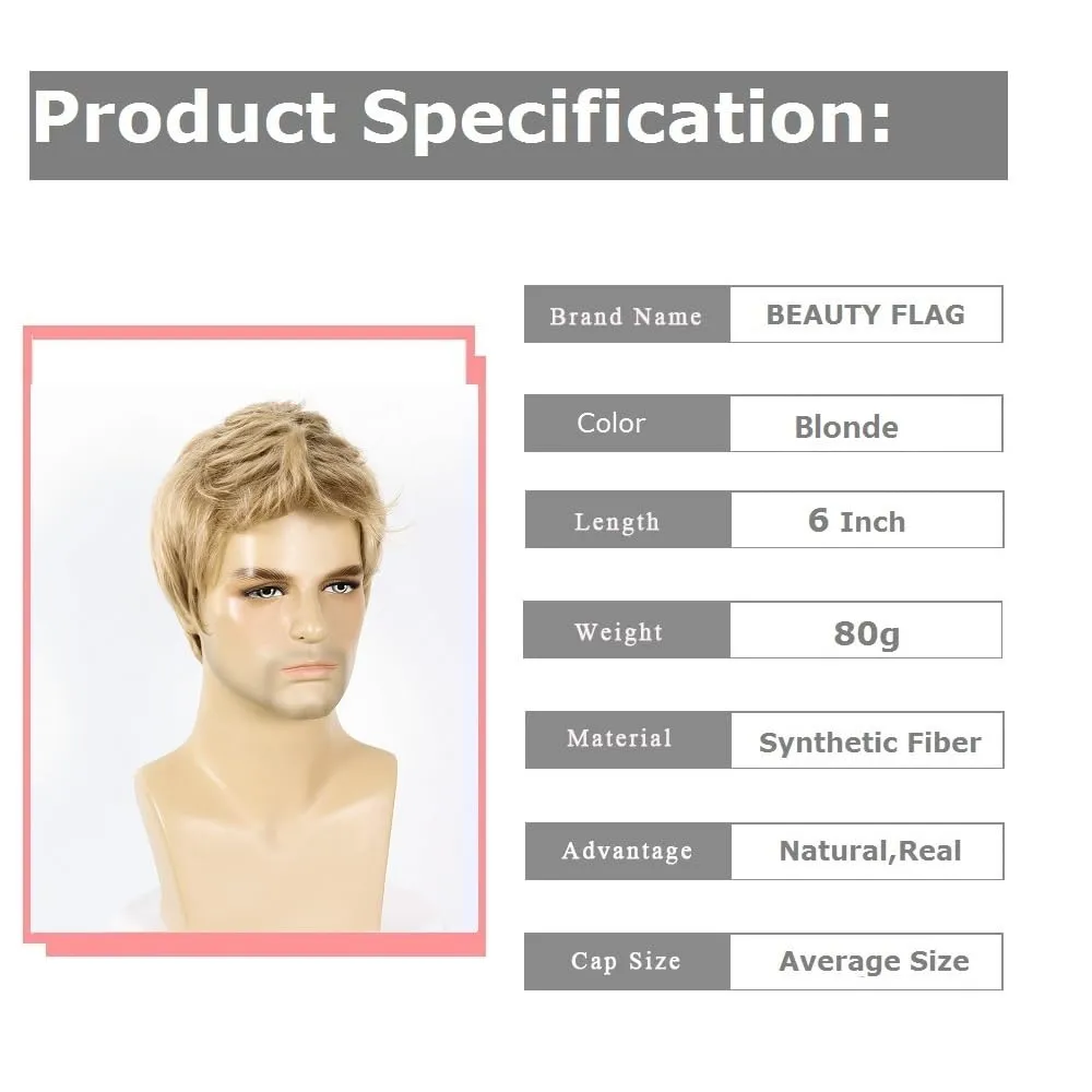 Mens Blonde Wig Short Straight Synthetic Blonde Hair Wigs for Male Guy Daily Wear Anime Costume Halloween Cosplay Party