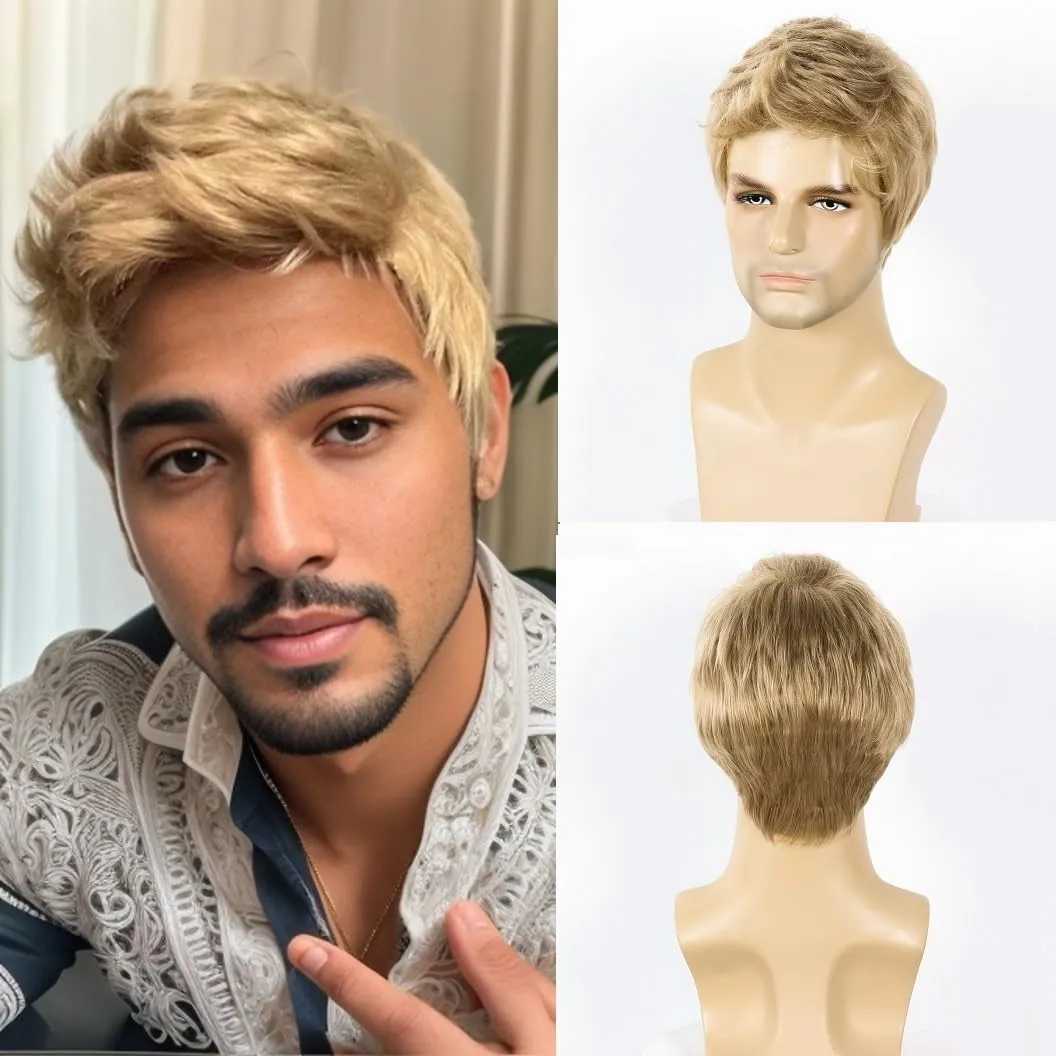 Mens Blonde Wig Short Straight Synthetic Blonde Hair Wigs for Male Guy Daily Wear Anime Costume Halloween Cosplay Party