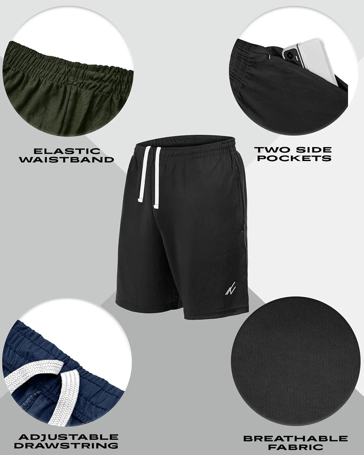NY Threads 5 Pack Men's Athletic Shorts Quick Dry Loose-Fit Lightweight Running Workout Gym Shorts with Pockets