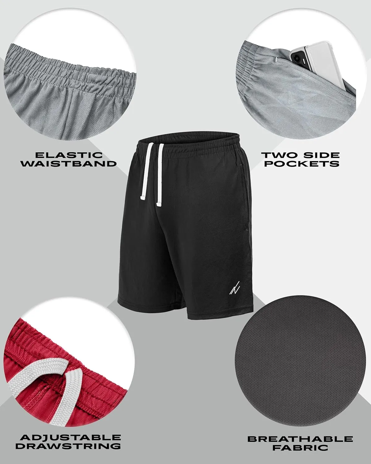 NY Threads 5 Pack Men's Athletic Shorts Quick Dry Loose-Fit Lightweight Running Workout Gym Shorts with Pockets